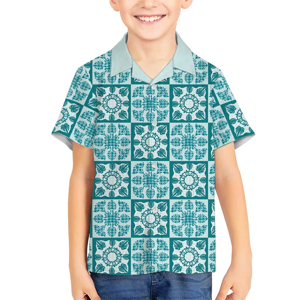 Cyan Palaka Quilt Hawaii Family Matching Tank Maxi Dress and Hawaiian Shirt Hawaiian Tropical Monstera Sea Turtle