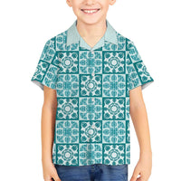 Cyan Palaka Quilt Hawaii Family Matching Tank Maxi Dress and Hawaiian Shirt Hawaiian Tropical Monstera Sea Turtle