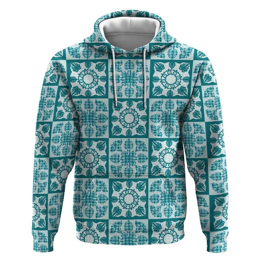 Cyan Palaka Quilt Hawaii Hoodie Hawaiian Tropical Monstera Sea Turtle LT14 Pullover Hoodie Cyan - Polynesian Pride