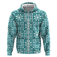 Cyan Palaka Quilt Hawaii Hoodie Hawaiian Tropical Monstera Sea Turtle LT14 Zip Hoodie Cyan - Polynesian Pride