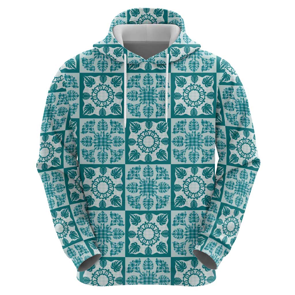 Cyan Palaka Quilt Hawaii Hoodie Hawaiian Tropical Monstera Sea Turtle LT14 - Polynesian Pride