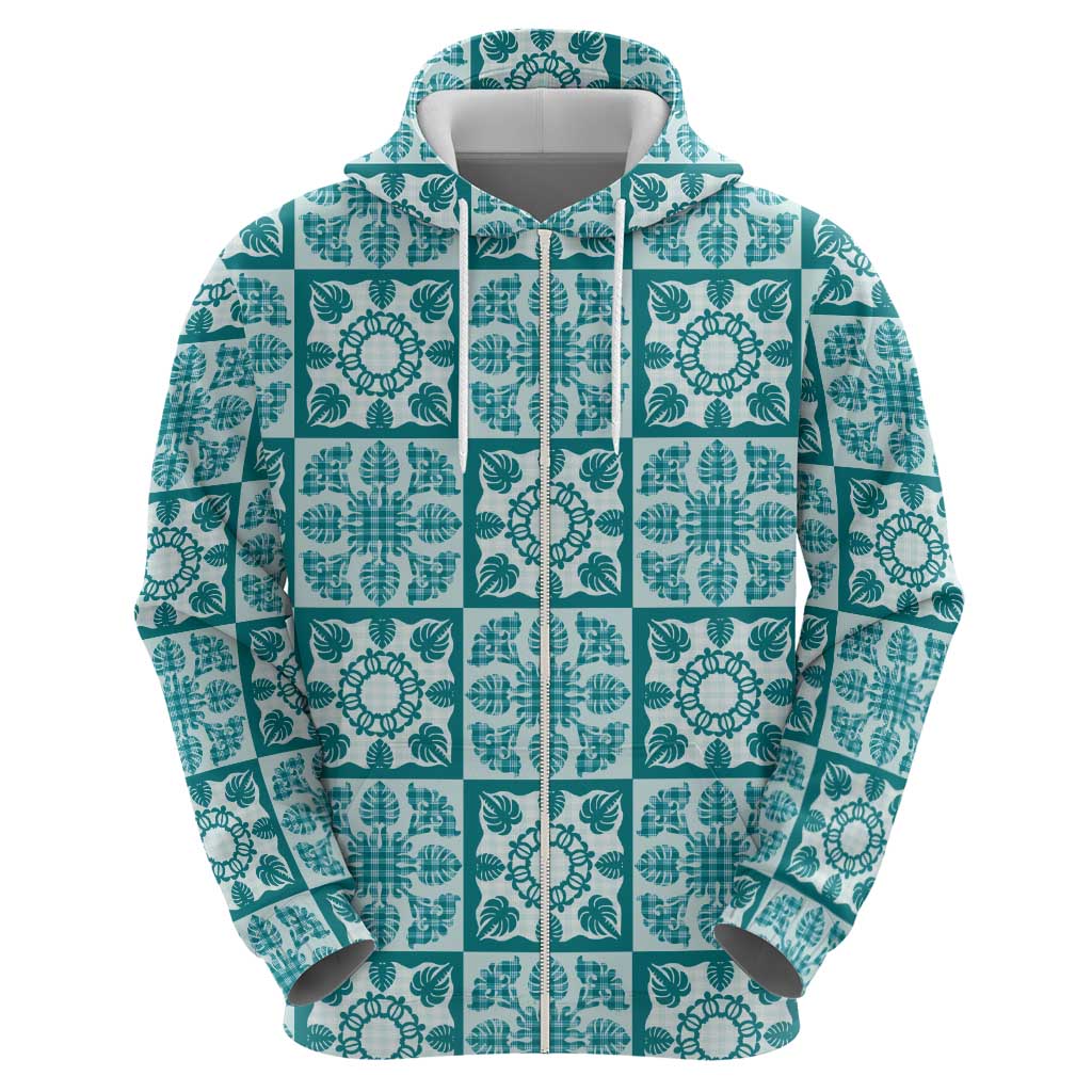Cyan Palaka Quilt Hawaii Hoodie Hawaiian Tropical Monstera Sea Turtle LT14 - Polynesian Pride