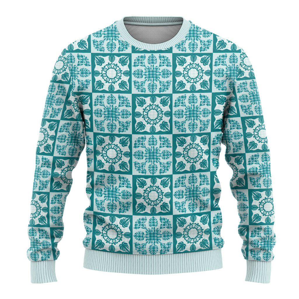 Cyan Palaka Quilt Hawaii Ugly Christmas Sweater Hawaiian Tropical Monstera Sea Turtle