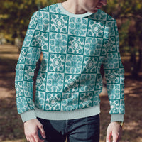 Cyan Palaka Quilt Hawaii Ugly Christmas Sweater Hawaiian Tropical Monstera Sea Turtle