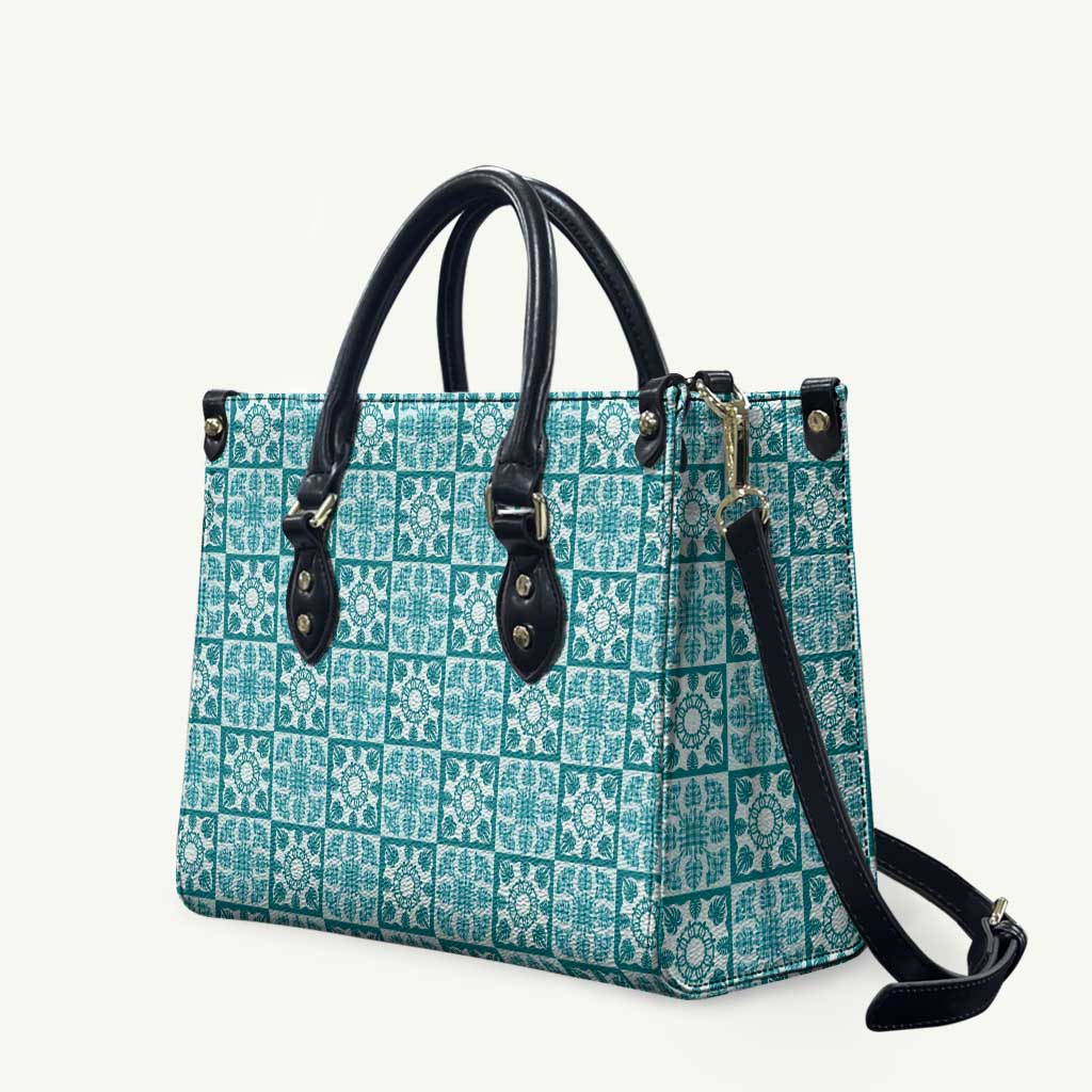 Cyan Palaka Quilt Hawaii Leather Bag Hawaiian Tropical Monstera Sea Turtle