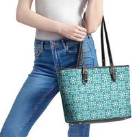 Cyan Palaka Quilt Hawaii Leather Tote Bag Hawaiian Tropical Monstera Sea Turtle LT14 - Polynesian Pride
