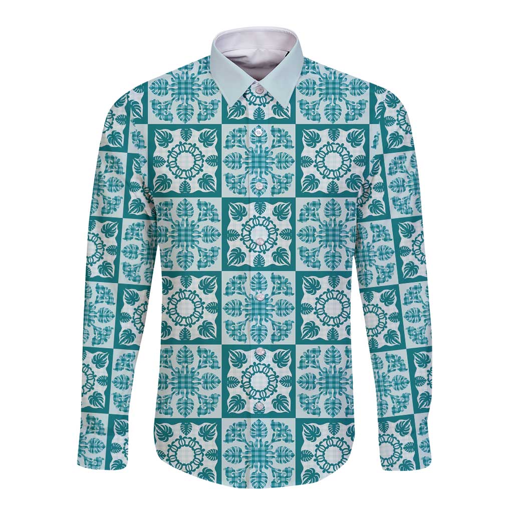 Cyan Palaka Quilt Hawaii Long Sleeve Button Shirt Hawaiian Tropical Monstera Sea Turtle