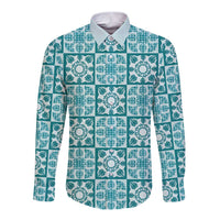 Cyan Palaka Quilt Hawaii Long Sleeve Button Shirt Hawaiian Tropical Monstera Sea Turtle