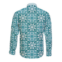 Cyan Palaka Quilt Hawaii Long Sleeve Button Shirt Hawaiian Tropical Monstera Sea Turtle