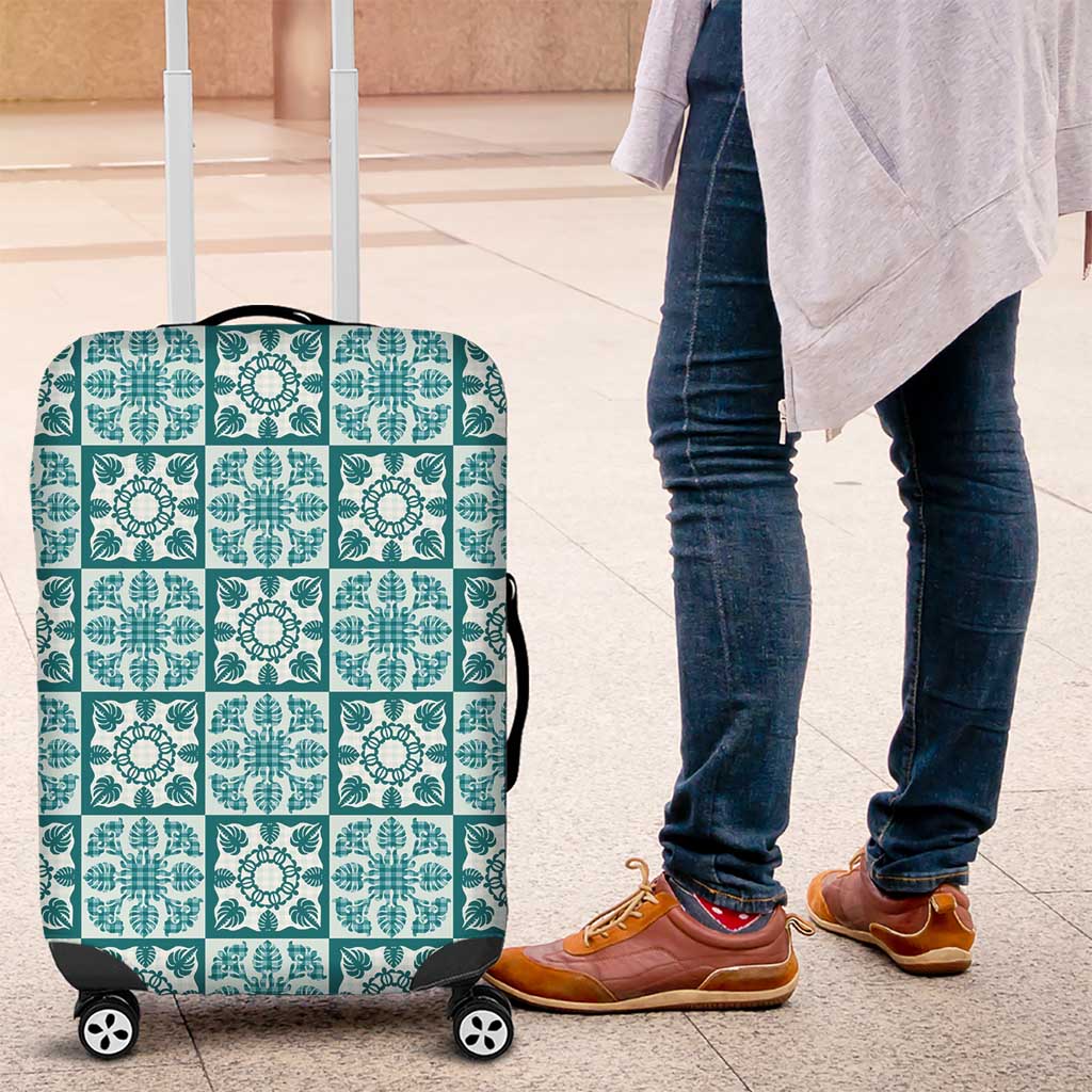 Cyan Palaka Quilt Hawaii Luggage Cover Hawaiian Tropical Monstera Sea Turtle