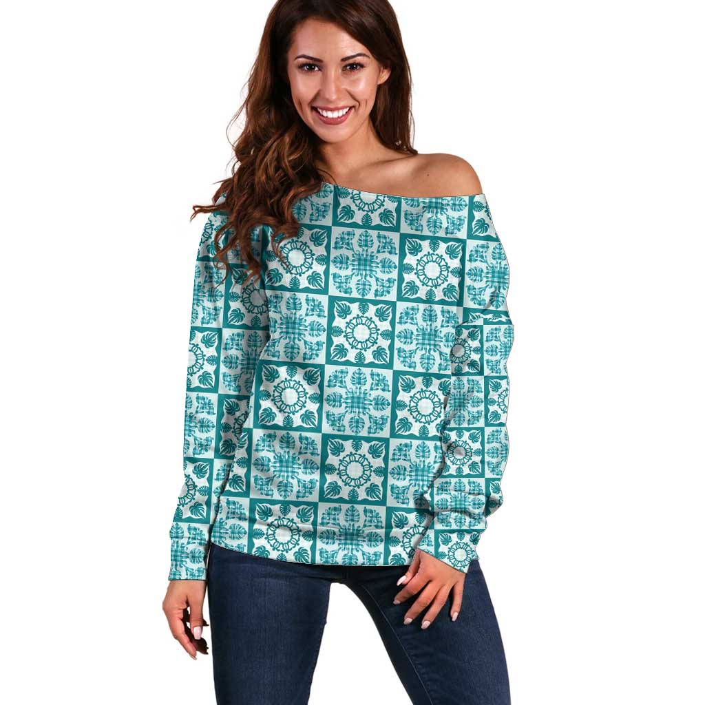 Cyan Palaka Quilt Hawaii Off Shoulder Sweater Hawaiian Tropical Monstera Sea Turtle