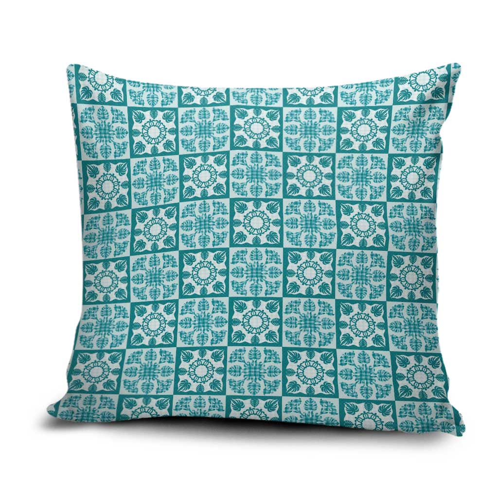 Cyan Palaka Quilt Hawaii Pillow Cover Hawaiian Tropical Monstera Sea Turtle LT14 Cyan - Polynesian Pride