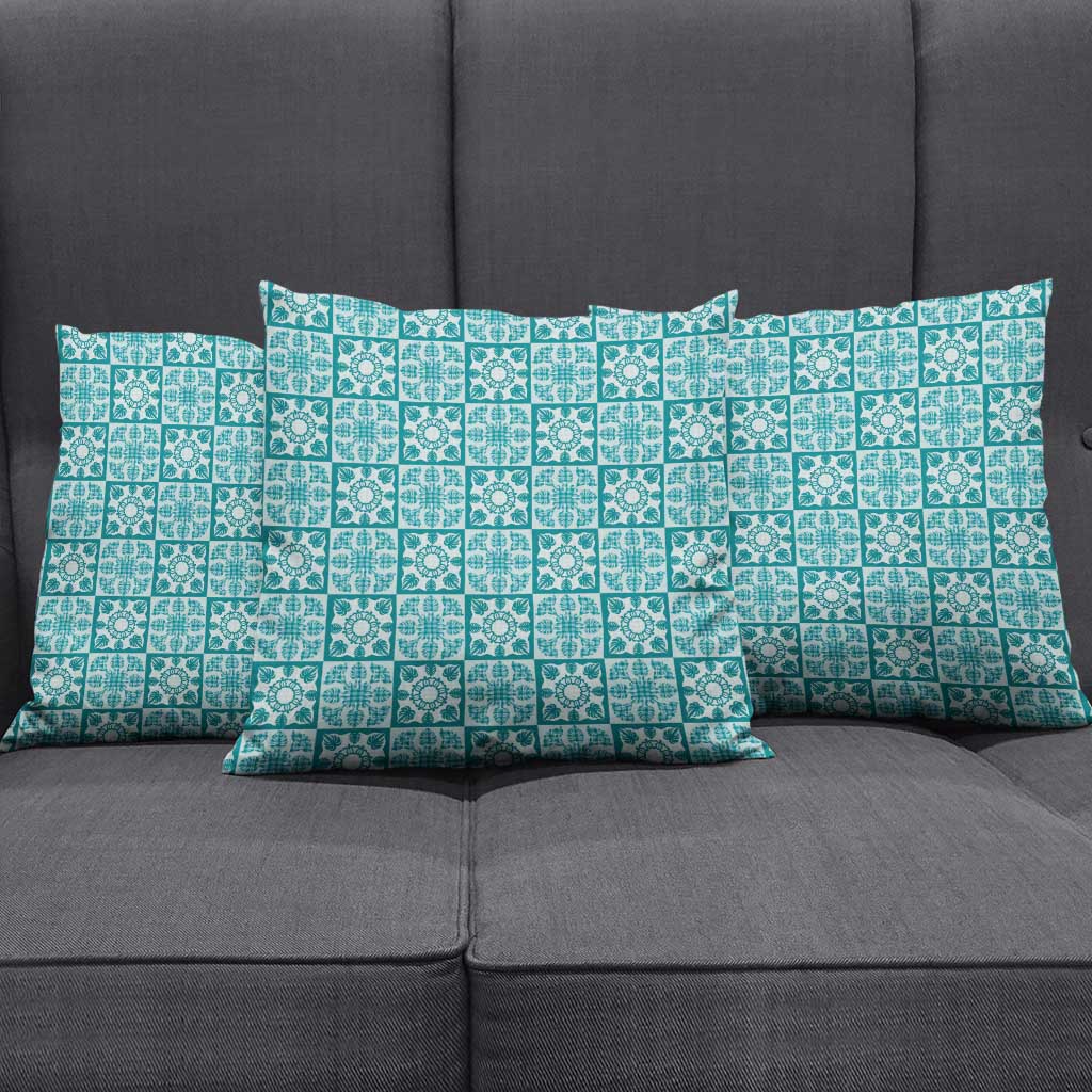 Cyan Palaka Quilt Hawaii Pillow Cover Hawaiian Tropical Monstera Sea Turtle LT14 - Polynesian Pride