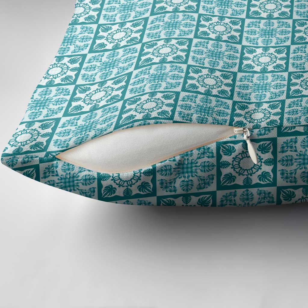 Cyan Palaka Quilt Hawaii Pillow Cover Hawaiian Tropical Monstera Sea Turtle LT14 - Polynesian Pride