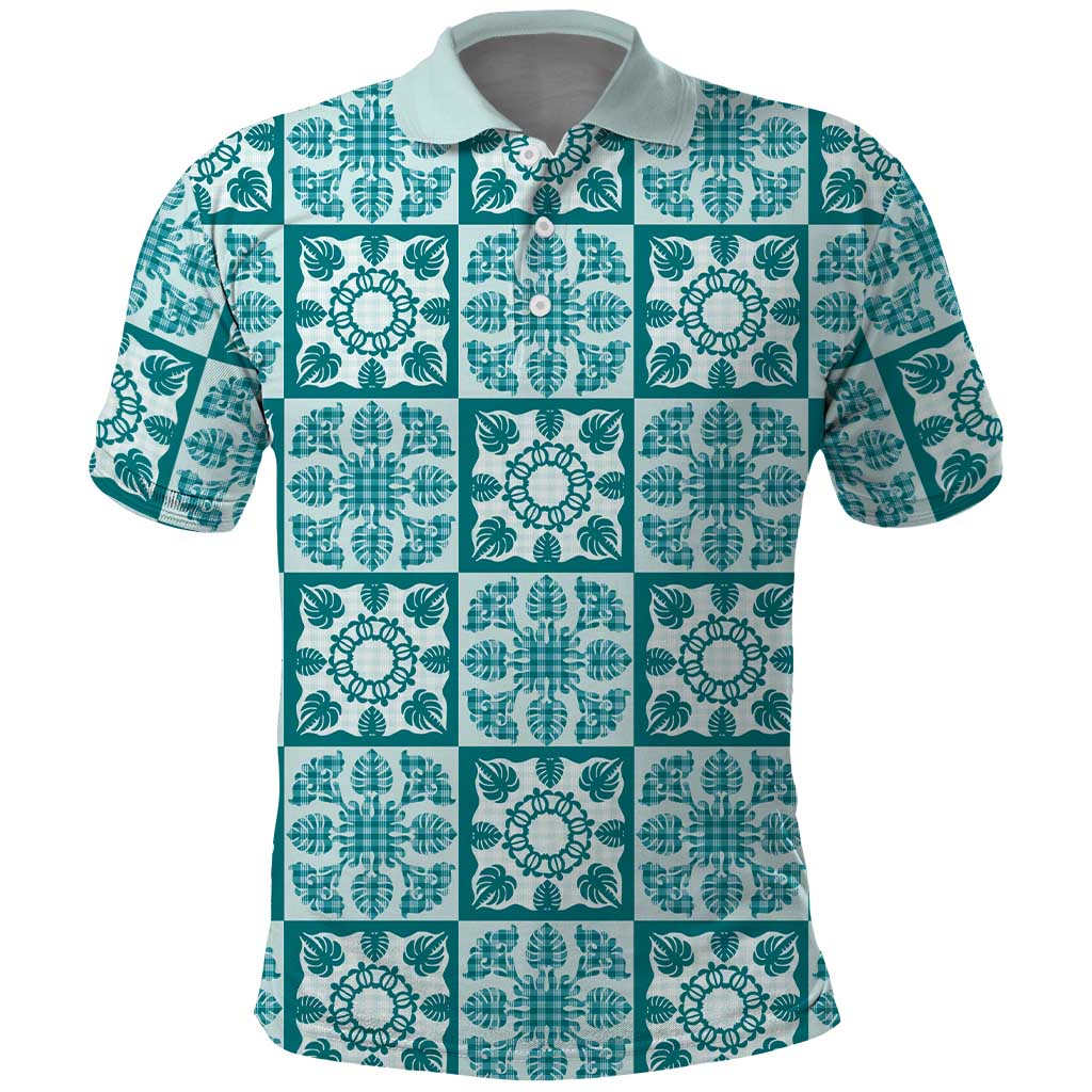 Cyan Palaka Quilt Hawaii Polo Shirt Hawaiian Tropical Monstera Sea Turtle