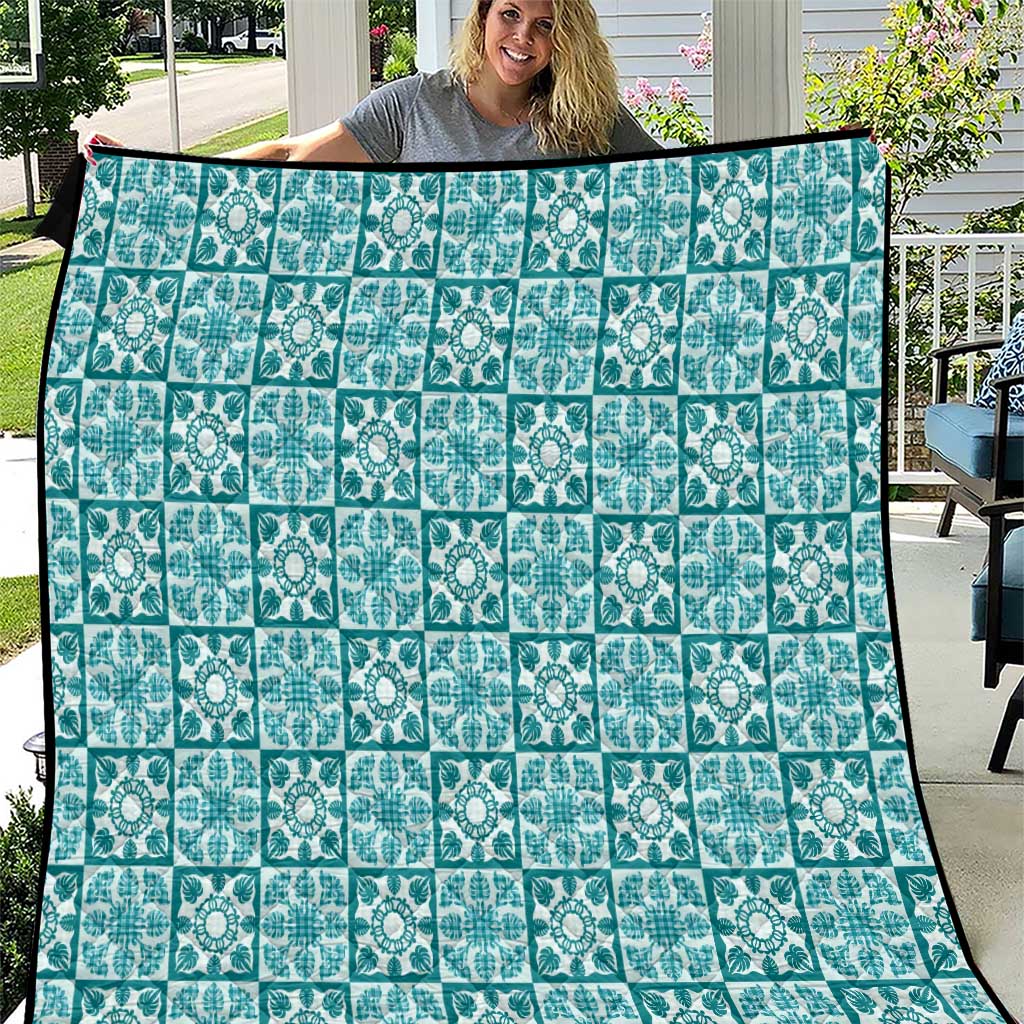 Cyan Palaka Quilt Hawaii Quilt Hawaiian Tropical Monstera Sea Turtle LT14 Cyan - Polynesian Pride