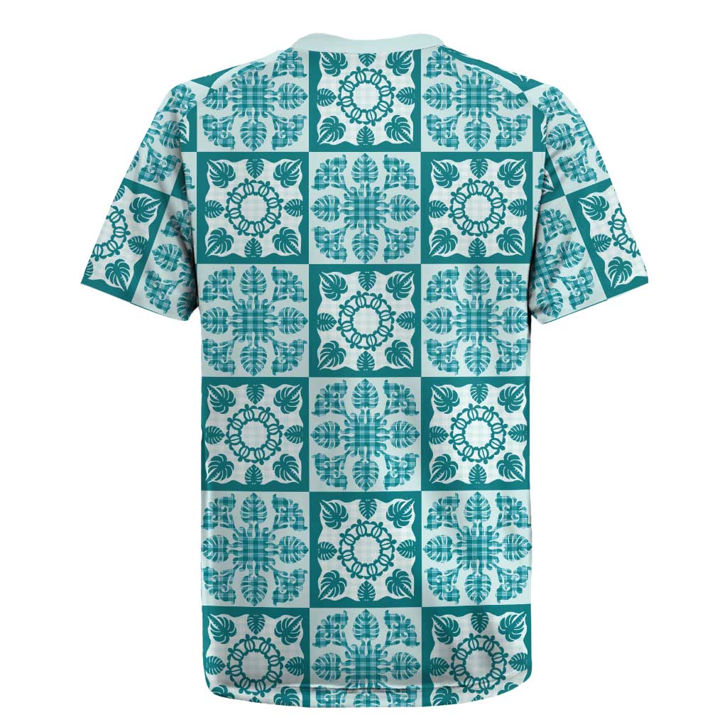 Cyan Palaka Quilt Hawaii Rugby Jersey Hawaiian Tropical Monstera Sea Turtle
