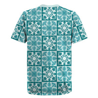 Cyan Palaka Quilt Hawaii Rugby Jersey Hawaiian Tropical Monstera Sea Turtle
