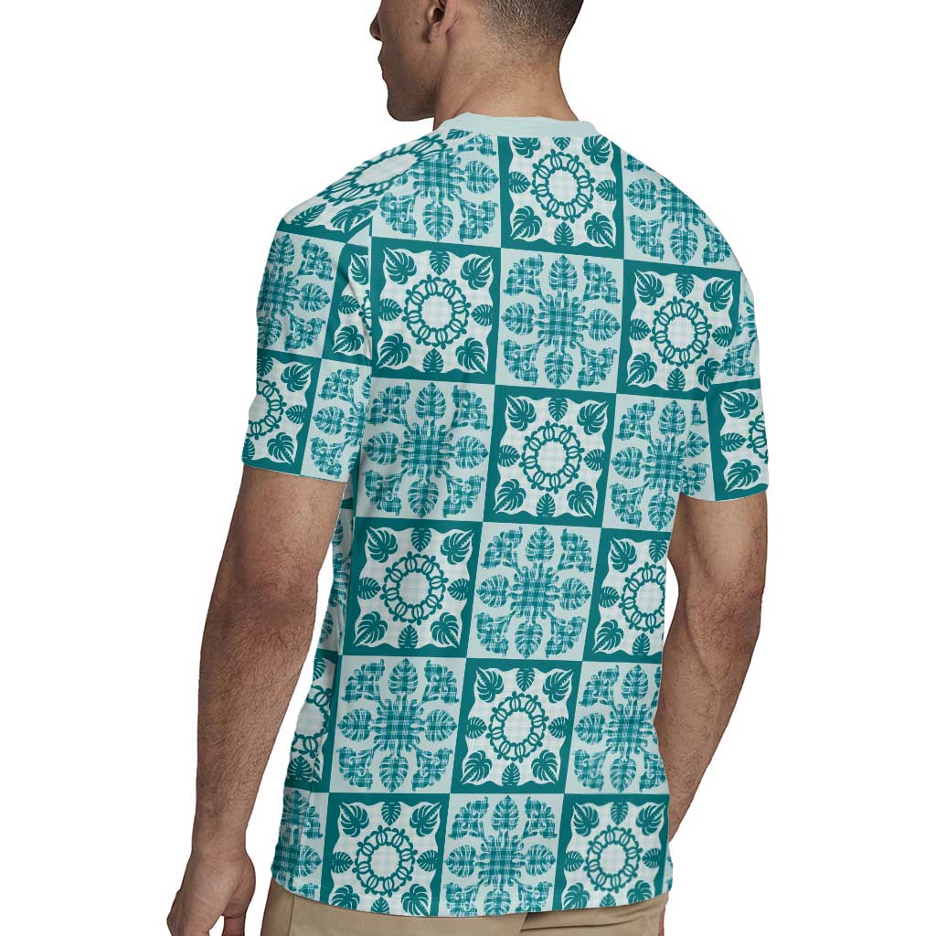Cyan Palaka Quilt Hawaii Rugby Jersey Hawaiian Tropical Monstera Sea Turtle