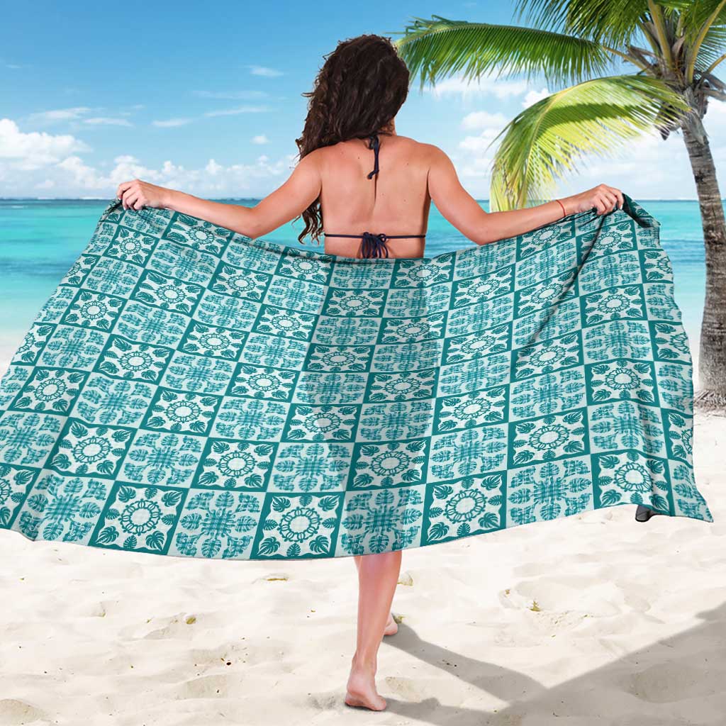 Cyan Palaka Quilt Hawaii Sarong Hawaiian Tropical Monstera Sea Turtle LT14 - Polynesian Pride