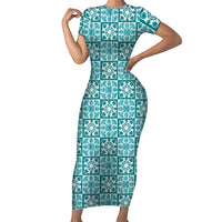Cyan Palaka Quilt Hawaii Short Sleeve Bodycon Dress Hawaiian Tropical Monstera Sea Turtle