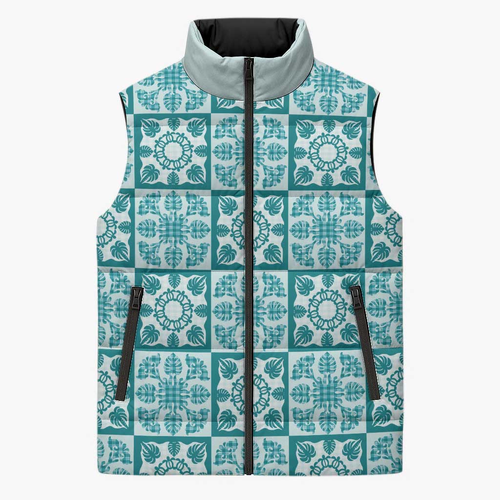 Cyan Palaka Quilt Hawaii Sleeveless Puffer Jacket Hawaiian Tropical Monstera Sea Turtle