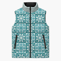 Cyan Palaka Quilt Hawaii Sleeveless Puffer Jacket Hawaiian Tropical Monstera Sea Turtle