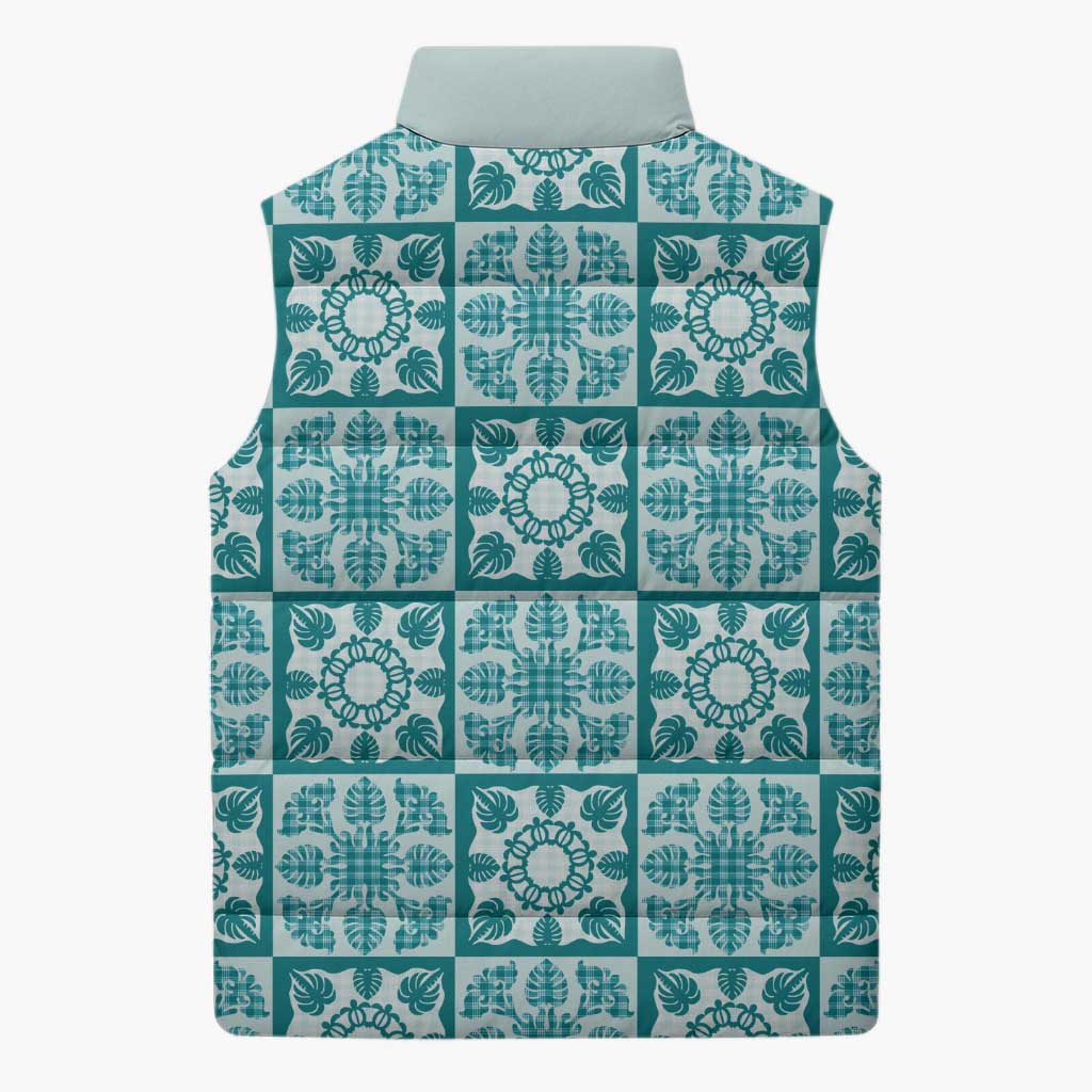 Cyan Palaka Quilt Hawaii Sleeveless Puffer Jacket Hawaiian Tropical Monstera Sea Turtle