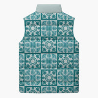 Cyan Palaka Quilt Hawaii Sleeveless Puffer Jacket Hawaiian Tropical Monstera Sea Turtle