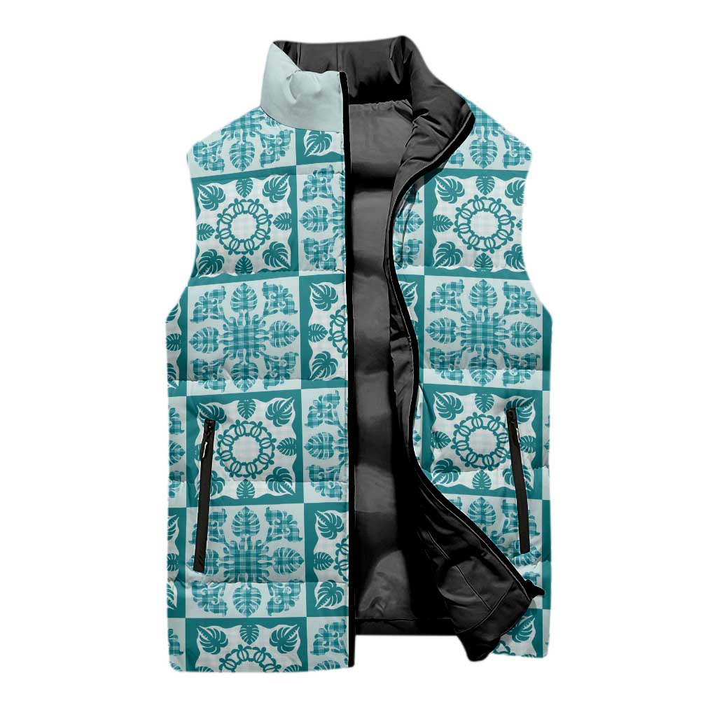 Cyan Palaka Quilt Hawaii Sleeveless Puffer Jacket Hawaiian Tropical Monstera Sea Turtle