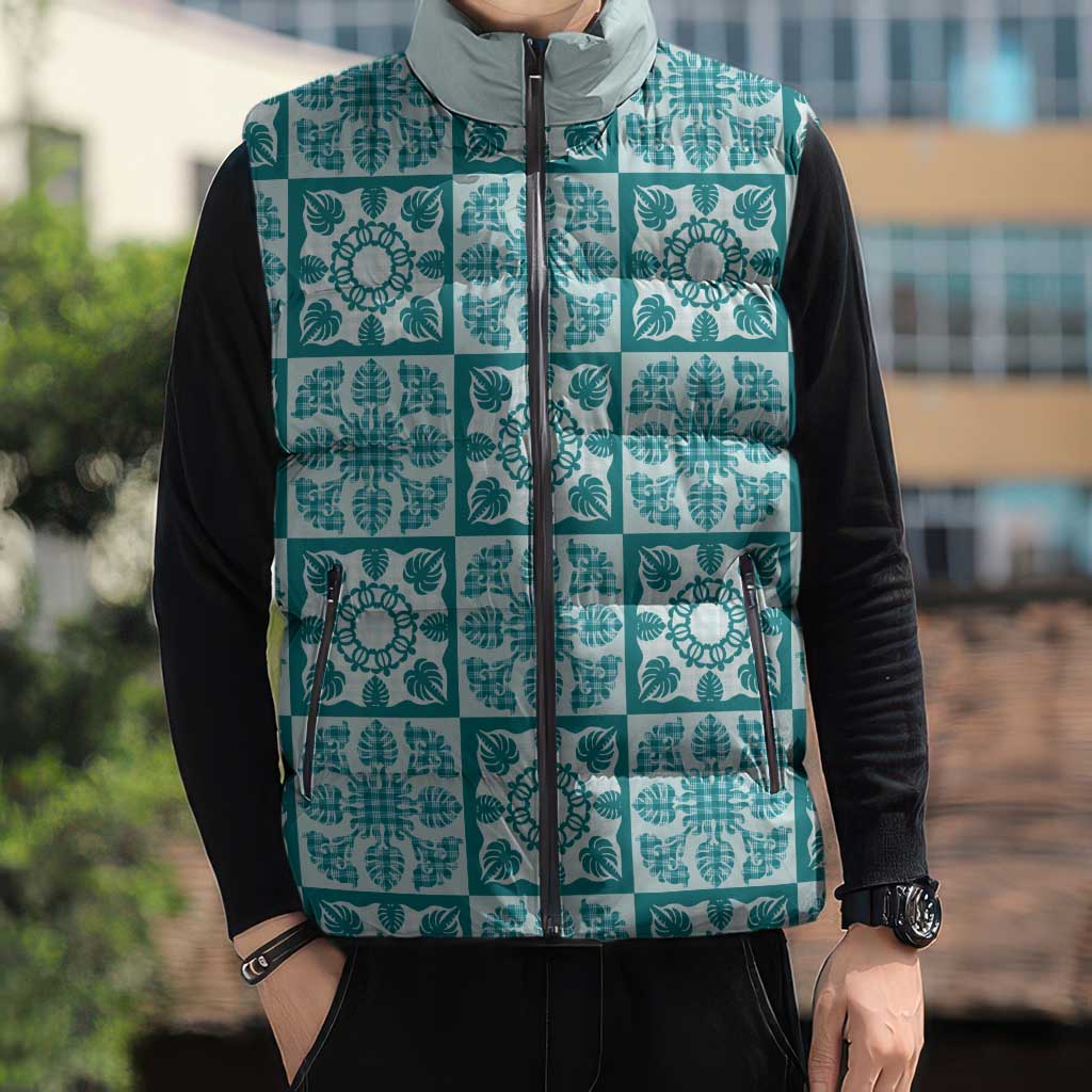 Cyan Palaka Quilt Hawaii Sleeveless Puffer Jacket Hawaiian Tropical Monstera Sea Turtle