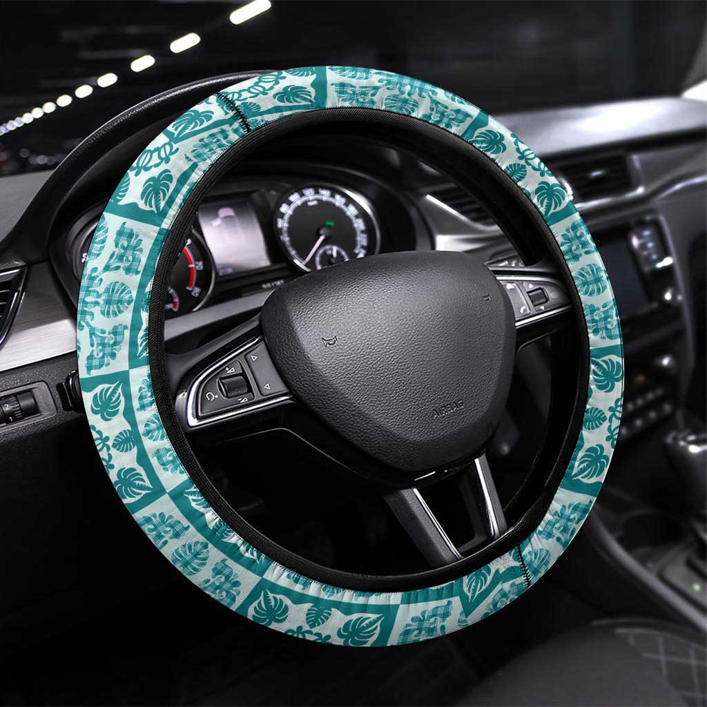 Cyan Palaka Quilt Hawaii Steering Wheel Cover Hawaiian Tropical Monstera Sea Turtle