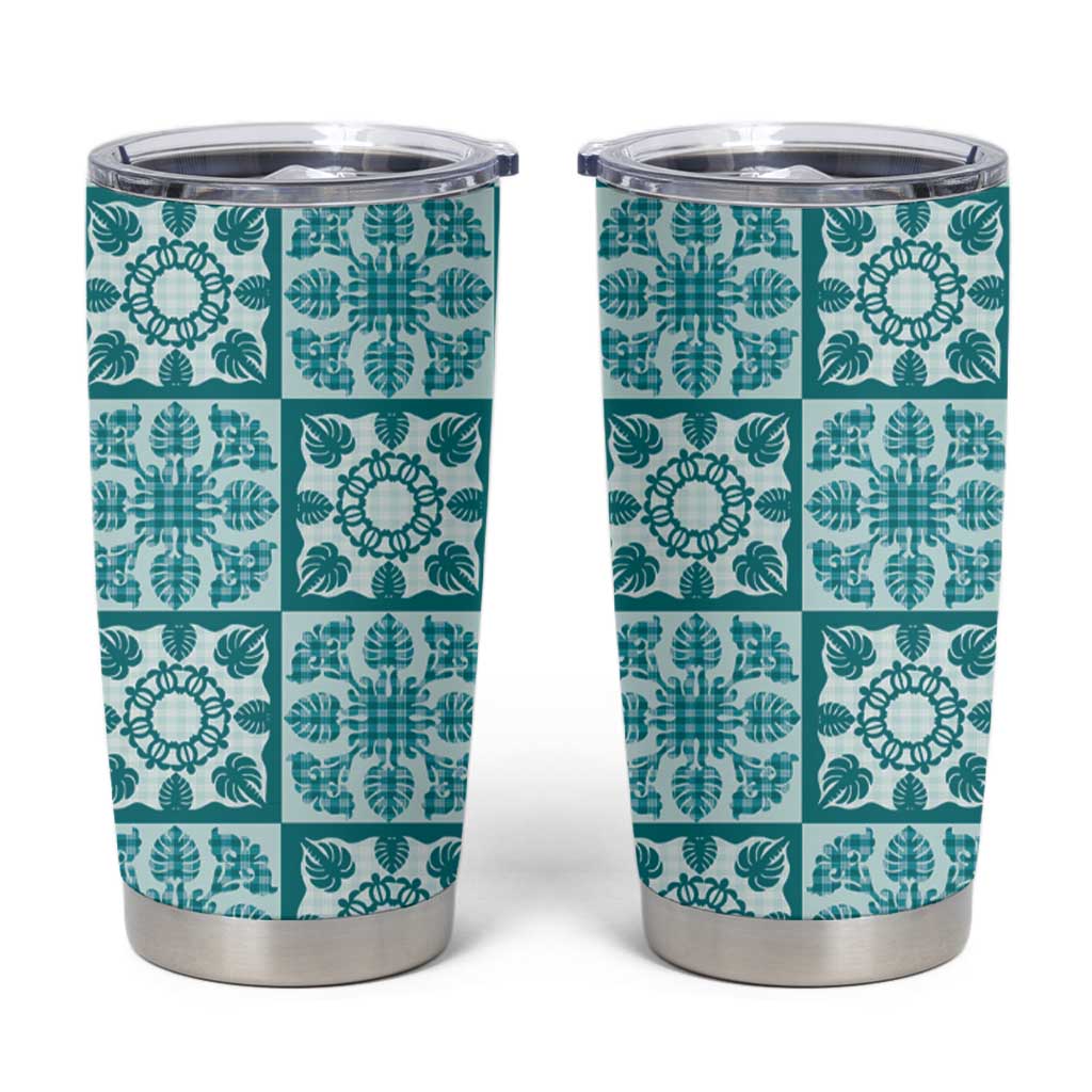 Cyan Palaka Quilt Hawaii Tumbler Cup Hawaiian Tropical Monstera Sea Turtle