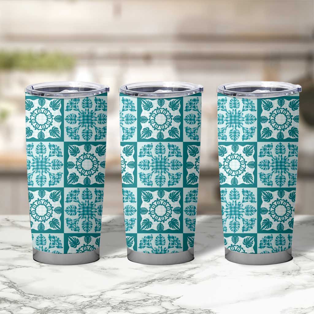 Cyan Palaka Quilt Hawaii Tumbler Cup Hawaiian Tropical Monstera Sea Turtle LT14 - Polynesian Pride