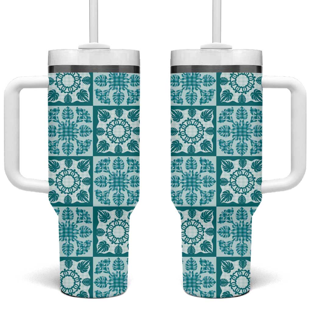 Cyan Palaka Quilt Hawaii Tumbler With Handle Hawaiian Tropical Monstera Sea Turtle