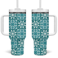 Cyan Palaka Quilt Hawaii Tumbler With Handle Hawaiian Tropical Monstera Sea Turtle