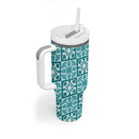 Cyan Palaka Quilt Hawaii Tumbler With Handle Hawaiian Tropical Monstera Sea Turtle