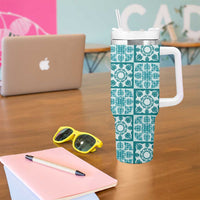 Cyan Palaka Quilt Hawaii Tumbler With Handle Hawaiian Tropical Monstera Sea Turtle