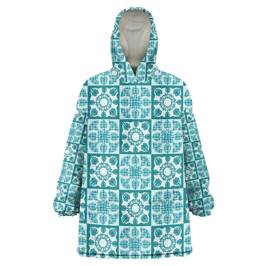 Cyan Palaka Quilt Hawaii Wearable Blanket Hoodie Hawaiian Tropical Monstera Sea Turtle LT14 One Size Cyan - Polynesian Pride