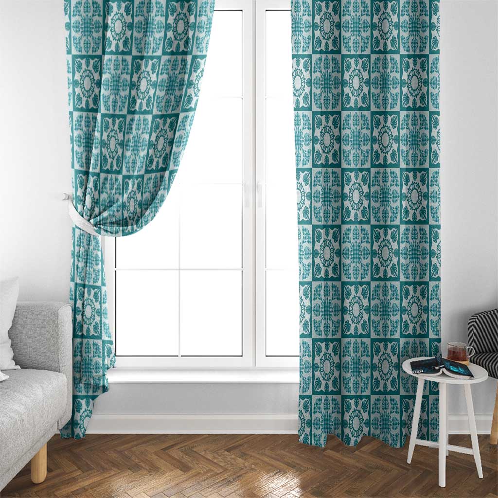 Cyan Palaka Quilt Hawaii Window Curtain Hawaiian Tropical Monstera Sea Turtle