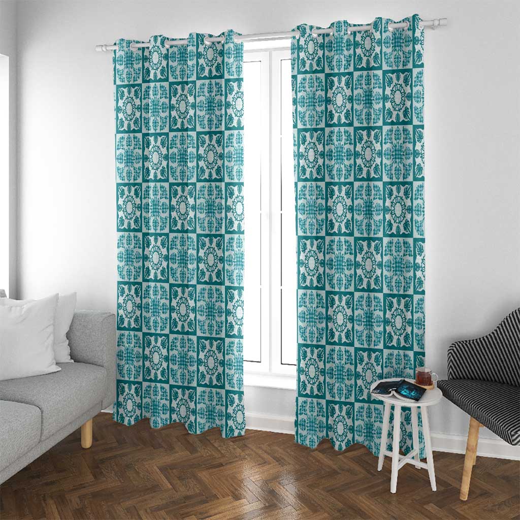 Cyan Palaka Quilt Hawaii Window Curtain Hawaiian Tropical Monstera Sea Turtle