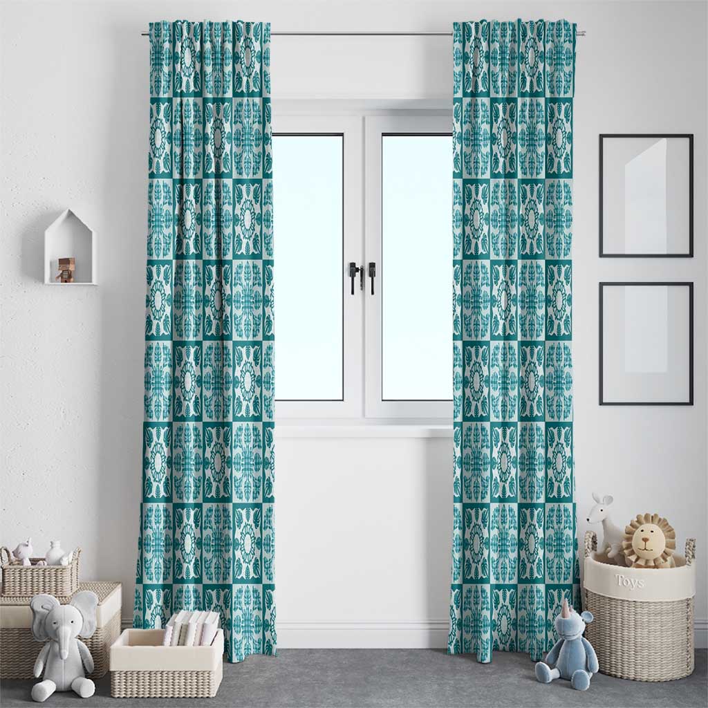 Cyan Palaka Quilt Hawaii Window Curtain Hawaiian Tropical Monstera Sea Turtle