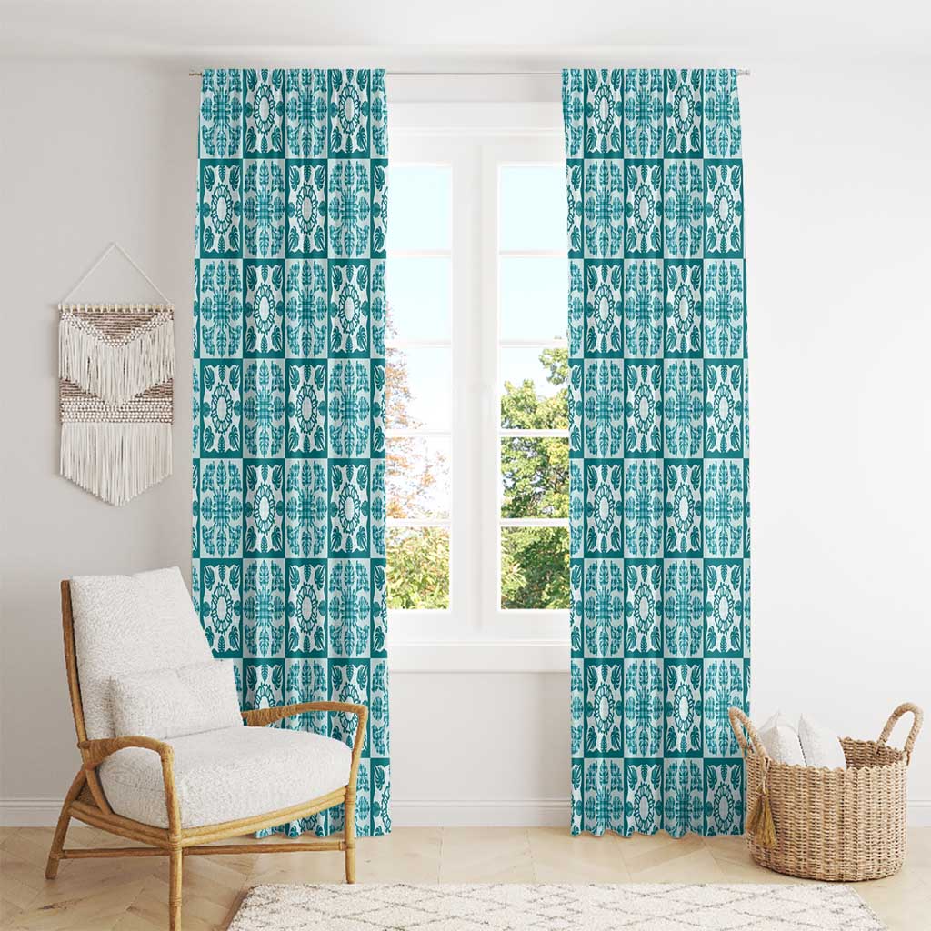 Cyan Palaka Quilt Hawaii Window Curtain Hawaiian Tropical Monstera Sea Turtle