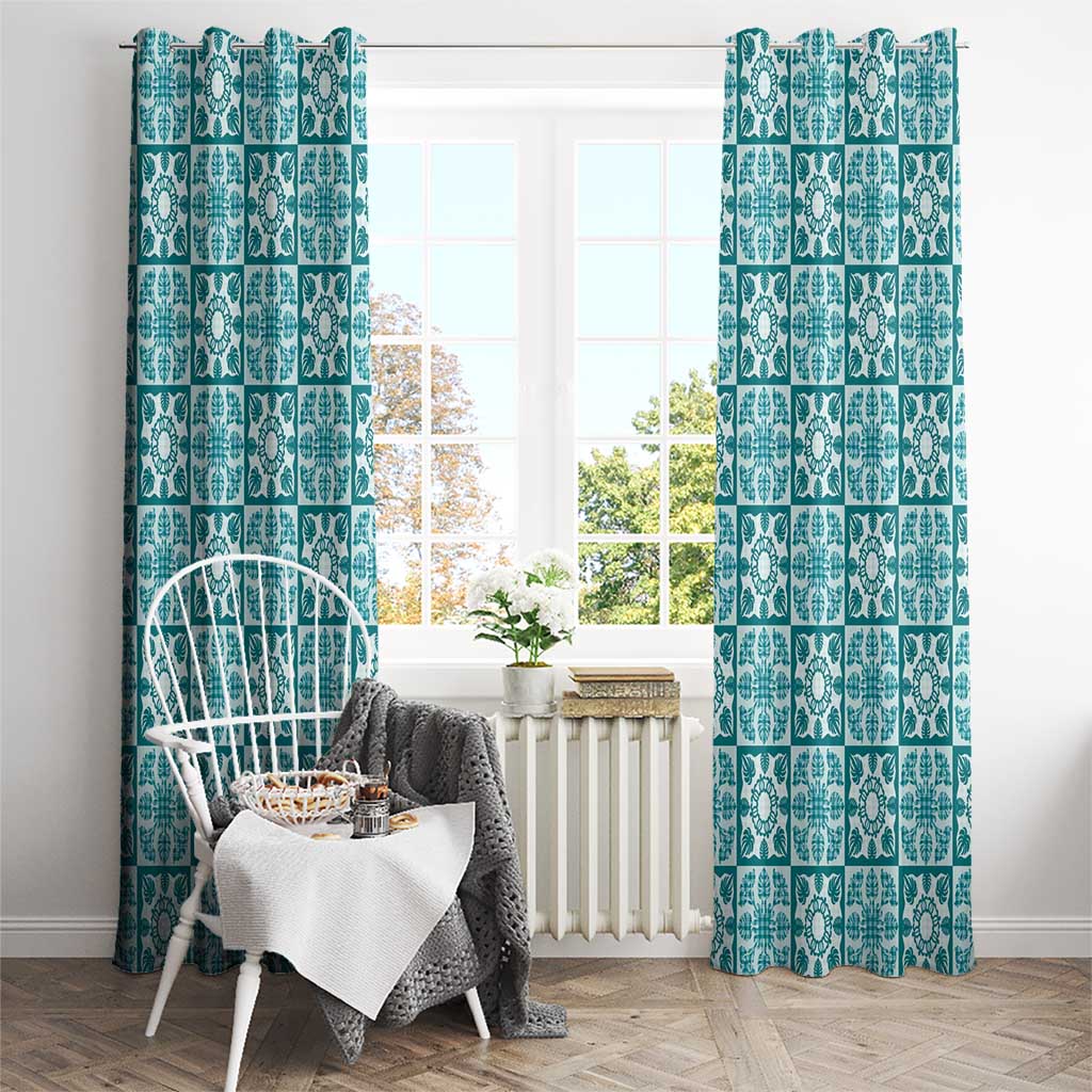 Cyan Palaka Quilt Hawaii Window Curtain Hawaiian Tropical Monstera Sea Turtle