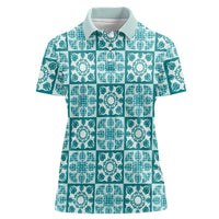 Cyan Palaka Quilt Hawaii Women Polo Shirt Hawaiian Tropical Monstera Sea Turtle