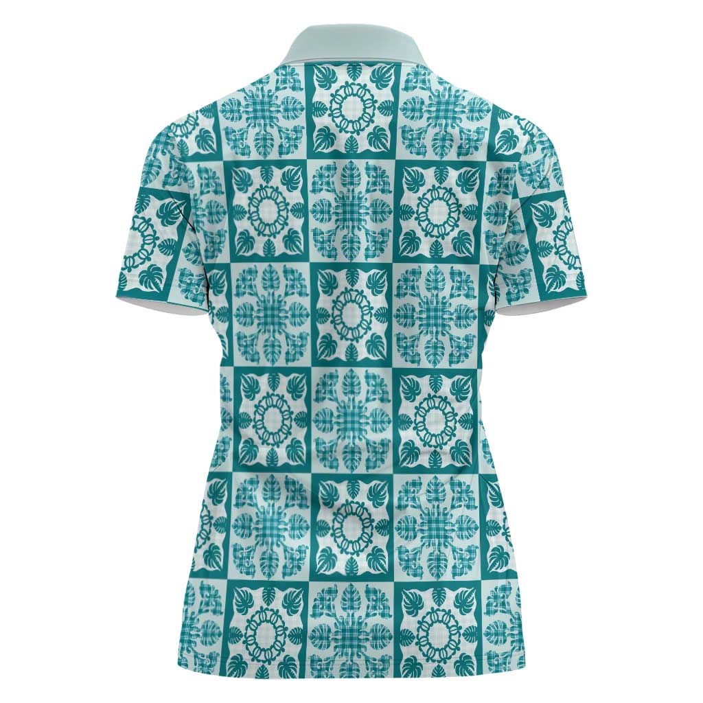 Cyan Palaka Quilt Hawaii Women Polo Shirt Hawaiian Tropical Monstera Sea Turtle