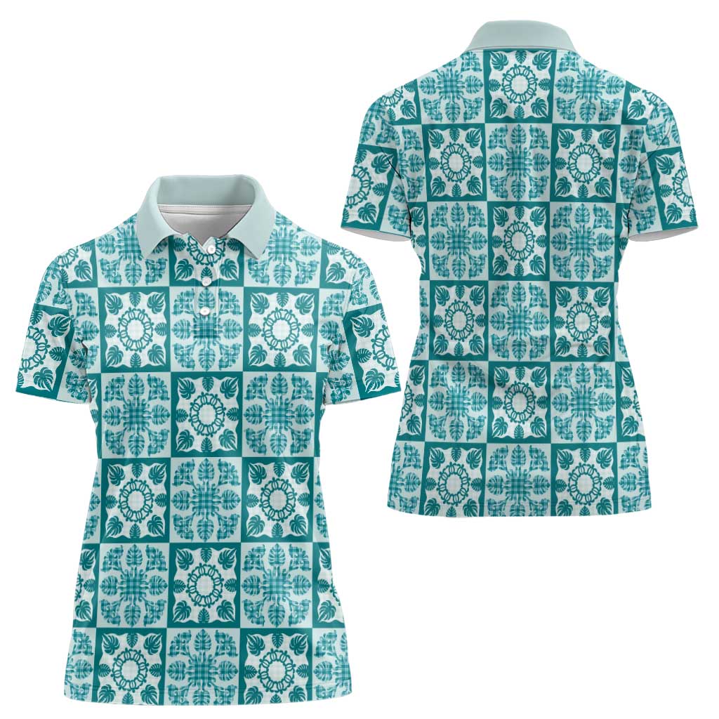 Cyan Palaka Quilt Hawaii Women Polo Shirt Hawaiian Tropical Monstera Sea Turtle