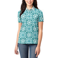 Cyan Palaka Quilt Hawaii Women Polo Shirt Hawaiian Tropical Monstera Sea Turtle