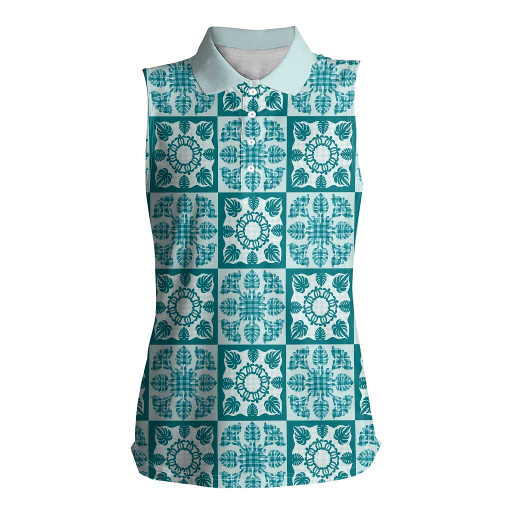 Cyan Palaka Quilt Hawaii Women Sleeveless Polo Shirt Hawaiian Tropical Monstera Sea Turtle