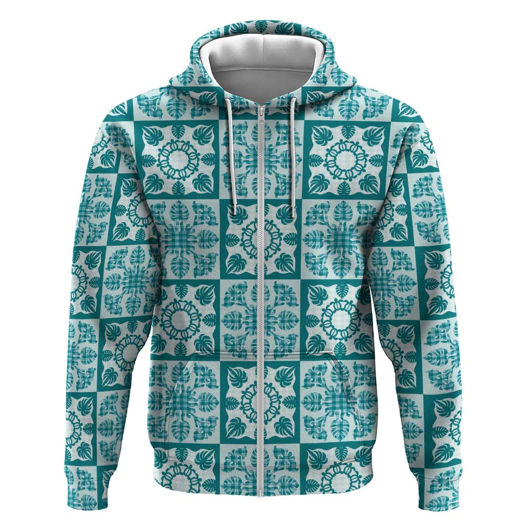 Cyan Palaka Quilt Hawaii Zip Hoodie Hawaiian Tropical Monstera Sea Turtle LT14 Zip Hoodie Cyan - Polynesian Pride